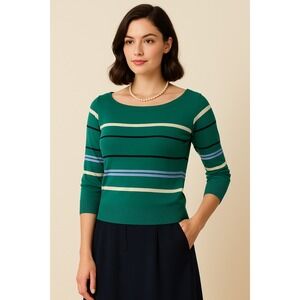 Ann Taylor Green Blue Striped Sweater Small Preppy Coastal Classic Academia Twee